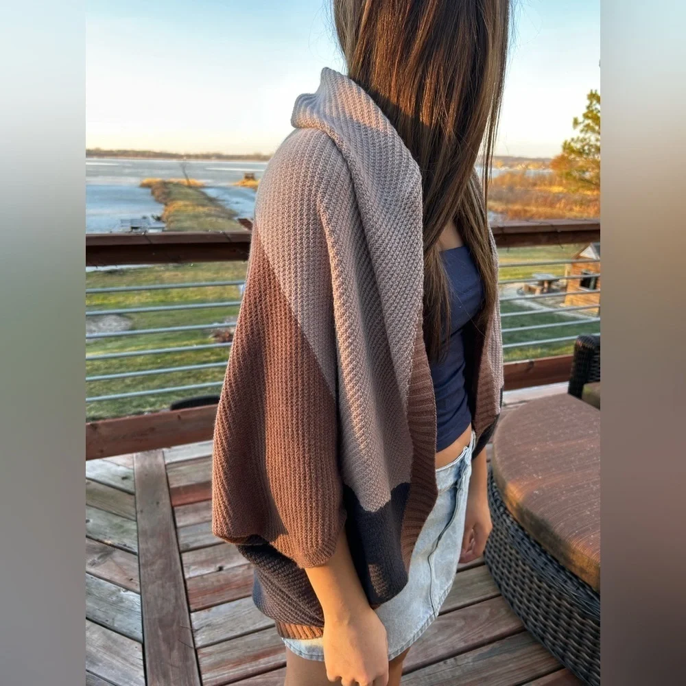 Sand/blue/brown Colorblock Dolman Sleeve Cocoon Cardigan one size shall